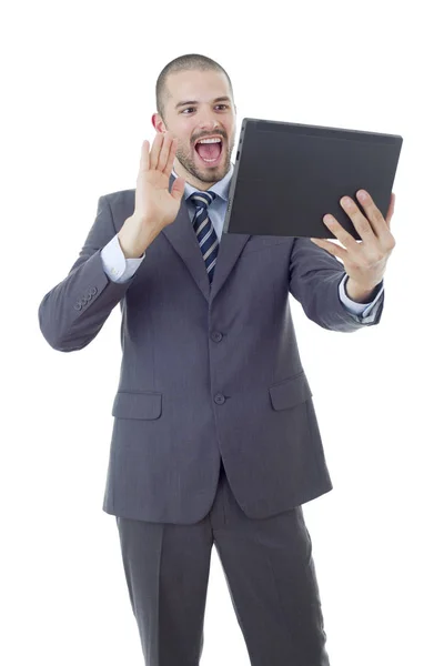 穿着西服打领带 拿着平板电脑自拍自拍照的商人 摆出一副快乐 孤立无援的样子 — 图库照片