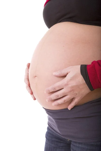 Close Van Zwangere Vrouw Witte Achtergrond — Stockfoto