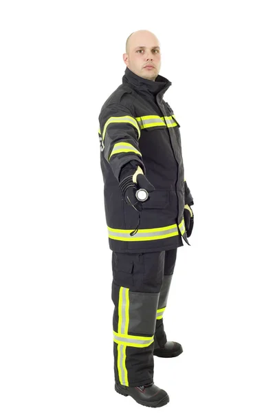 Ernsthafter Feuerwehrmann Mit Taschenlampe Studioaufnahme Voller Länge Isoliert Auf Weiß — Stockfoto