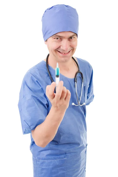 白い背景に分離された注射器で病院医師 — ストック写真