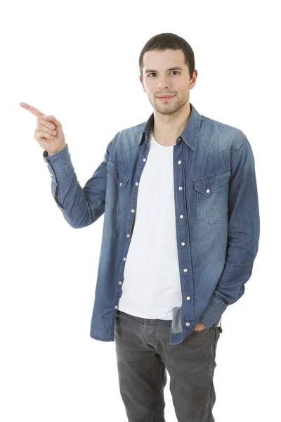 Jovem Homem Casual Apontando Isolado Branco — Fotografia de Stock