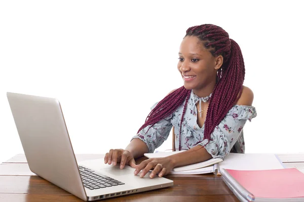 Feliz Hermosa Mujer Negocios Que Trabaja Con Ordenador Portátil Escritorio — Foto de Stock