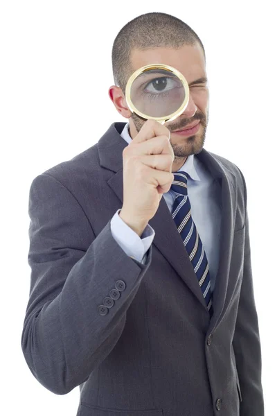 Isolated Young Business Man Magnifying Glass — Stock Photo, Image