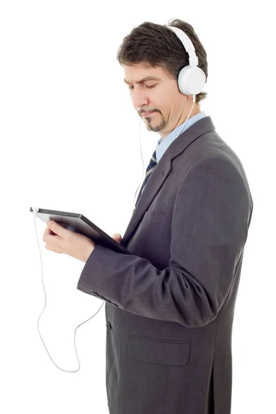 Businessman Tablet Headphones Isolated — Stock Photo, Image