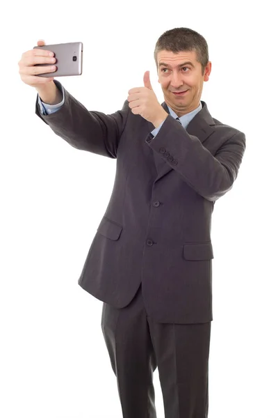 Hombre Negocios Traje Corbata Tomando Foto Selfie Con Cámara Teléfono — Foto de Stock