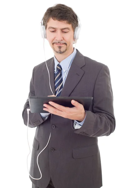 Affärsman Med Tabletpc Och Hörlurar Isolerade — Stockfoto