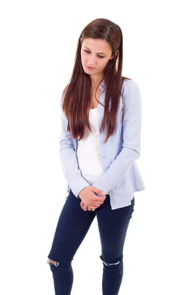 Giovane Casuale Triste Bella Donna Isolata Bianco — Foto Stock