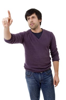 Casual adam beyaz izole - parmağıyla yukarıyı