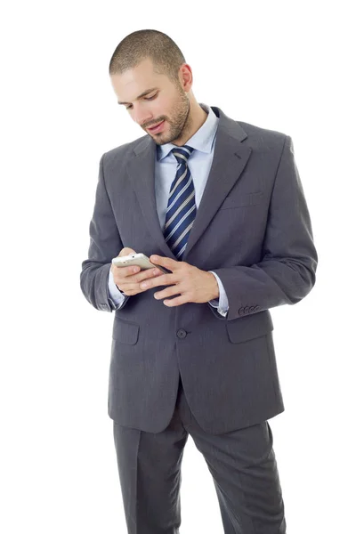 Homem Negócios Feliz Telefone Isolado — Fotografia de Stock