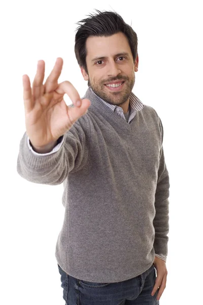 Jovem Feliz Homem Casual Retrato Isolado Branco — Fotografia de Stock