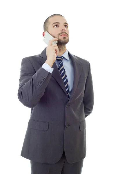 Zmartwiony Biznesmen Przez Telefon Odizolowany — Zdjęcie stockowe