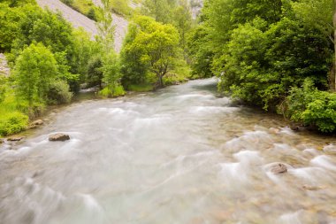 İspanya 'daki Picos de Europa Ulusal Parkı' nda bulunan Cares Nehri 'ndeki şelale. Düşük deklanşör hızı resmi