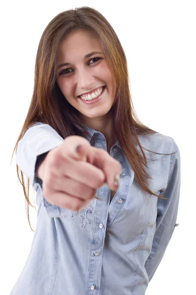 Young Casual Beautiful Woman Pointing Isolated White — Stock Photo, Image