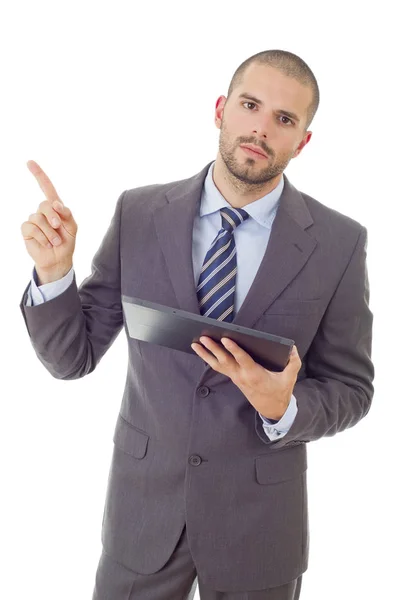 Junger Geschäftsmann Der Mit Einem Tablet Arbeitet Isoliert — Stockfoto