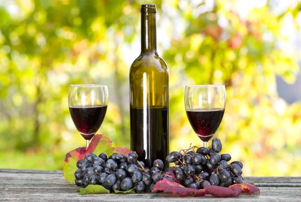 Bouteille Vin Raisins Sur Table Bois Extérieur — Photo