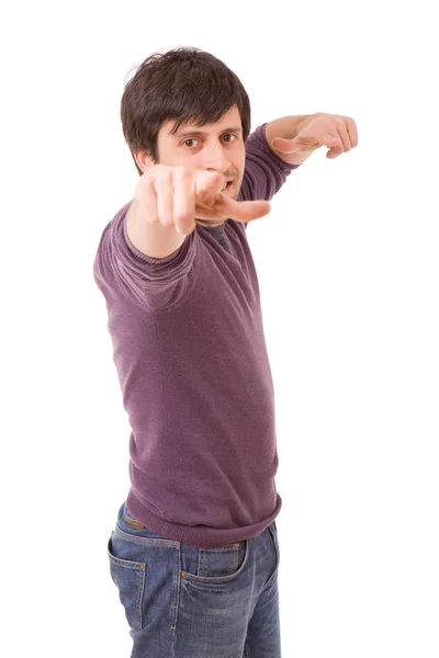 Happy Casual Man Pointing Isolated White — Stock Photo, Image