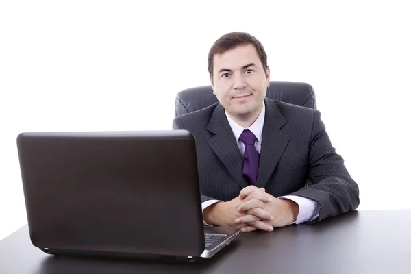 Homem Negócios Trabalhando Com Laptop Isolado Branco — Fotografia de Stock