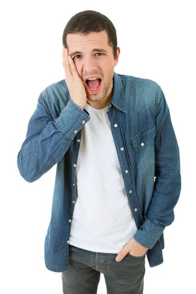 Junger Lässiger Mann Mit Kopfschmerzen Isoliert Auf Weiß — Stockfoto