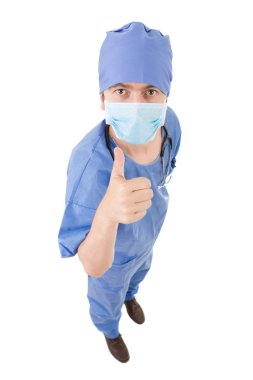 erkek doktor yukarı, tam uzunlukta, üzerinde beyaz izole olacak