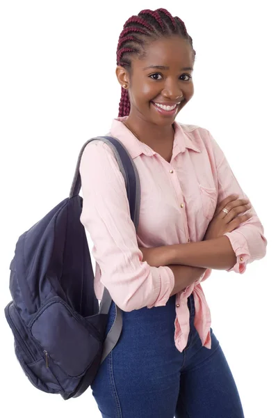 Giovane Studente Felice Ragazza Africana Isolato Sfondo Bianco — Foto Stock