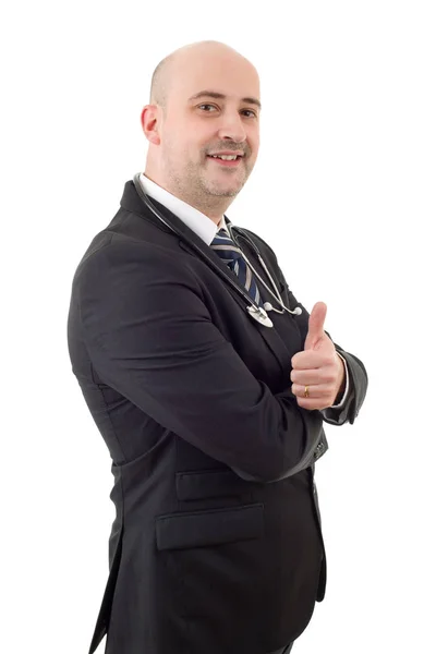 Ευτυχισμένος Αρσενικό Γιατρό Πηγαίνει Αντίχειρα Επάνω Απομονώνονται Λευκό Φόντο — Φωτογραφία Αρχείου