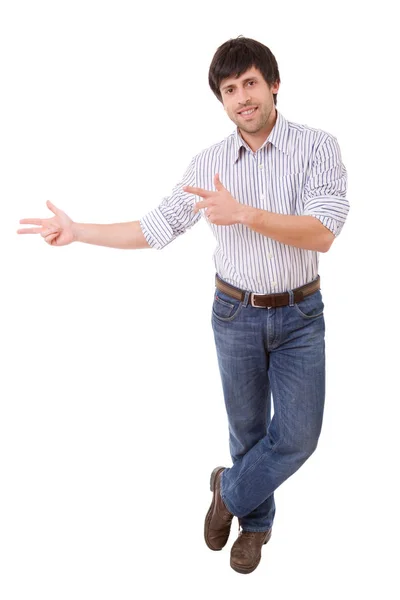 Casual Man Met Arm Een Weergegeven Gebaar Geïsoleerd Wit — Stockfoto