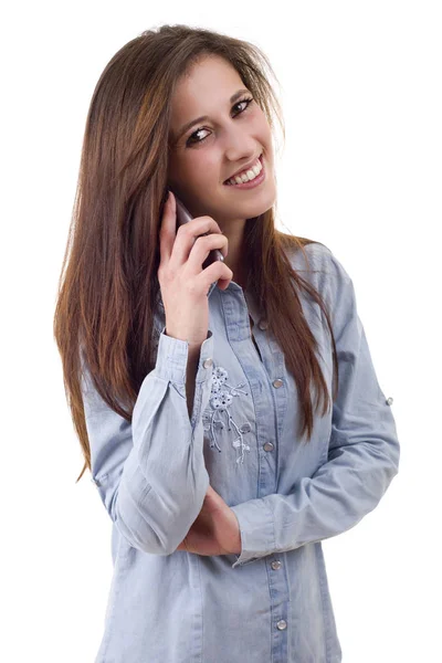 Young Casual Happy Woman Phone Isolated — Stock Photo, Image