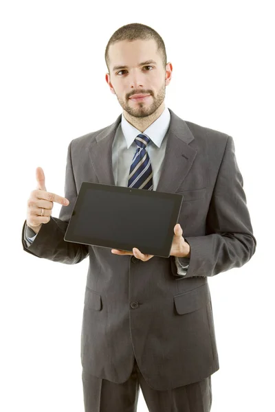 Empresário Mostrando Tablet Isolado — Fotografia de Stock
