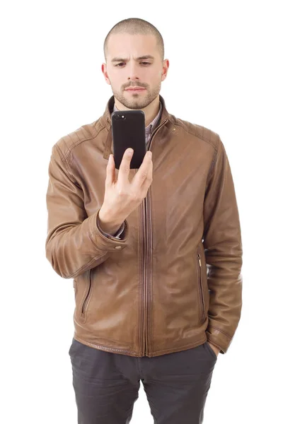 Young Casual Worried Man Phone Isolated — Stock Photo, Image