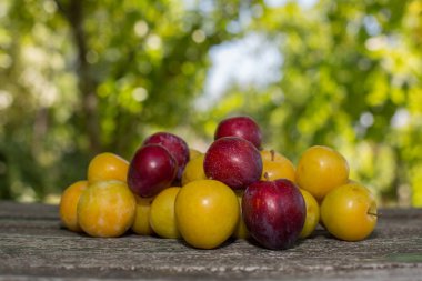 Bahçedeki ahşap masada ev yapımı erikler.