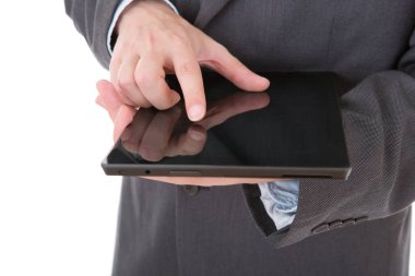 dokunmatik yüzey, yakından atış izole, tablet PC'de kullanarak iş adamı