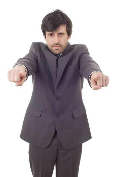 Young Business Man Pointing Isolated White — Stock Photo, Image