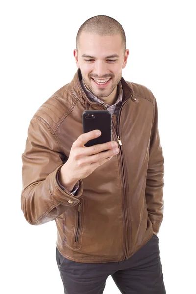 Ung Avslappnad Lycklig Man Med Telefon Isolerad — Stockfoto