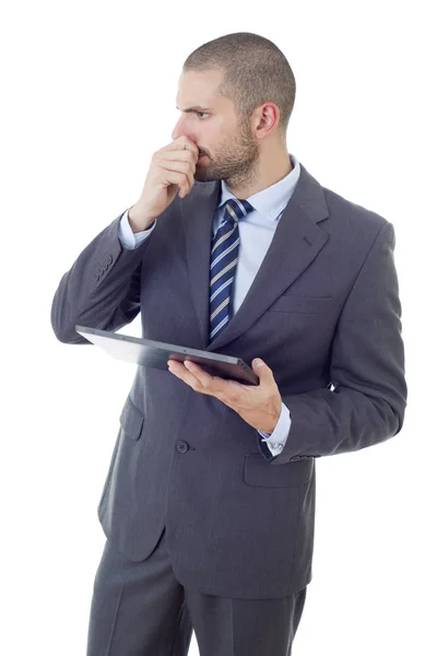 Nadenkend Zakenman Die Werken Met Een Tablet Geïsoleerd — Stockfoto