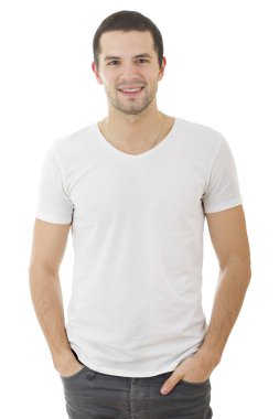 Genç, mutlu, sıradan bir erkek portresi, beyaz tenli.