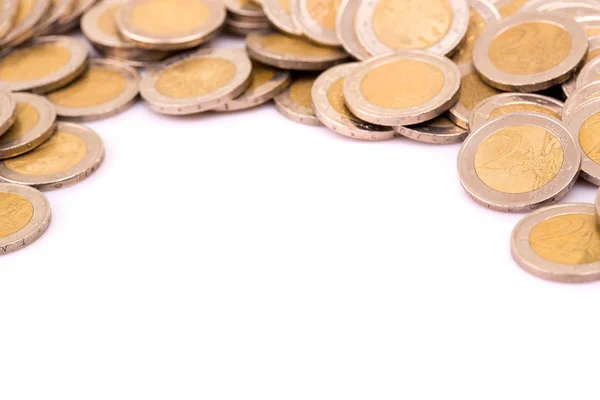 Montón Dos Monedas Euros Aisladas Sobre Fondo Blanco — Foto de Stock