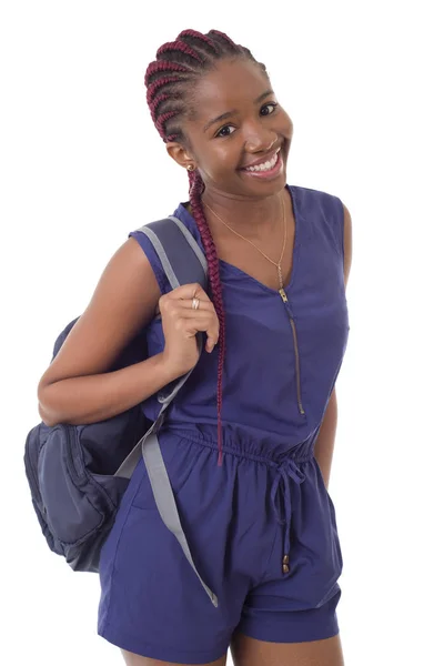 Genç Mutlu Afrikalı Kız Öğrenci Beyaz Arka Planda Izole Edilmiş — Stok fotoğraf