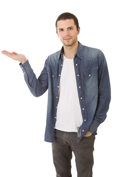 Friendly Young Man Pointing His Side Looking Camera Isolated White — Stock Photo, Image