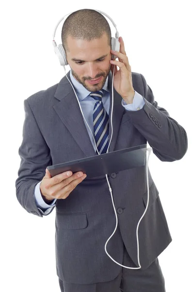 Jeune Homme Affaires Travaillant Avec Une Tablette Isolé — Photo