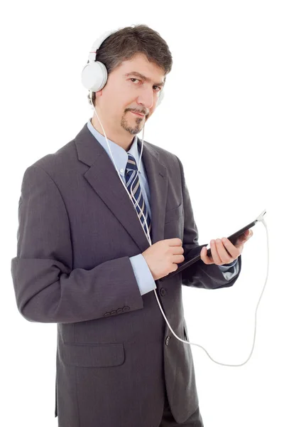 Biznesmen Tabletem Słuchawkami Izolowane — Zdjęcie stockowe