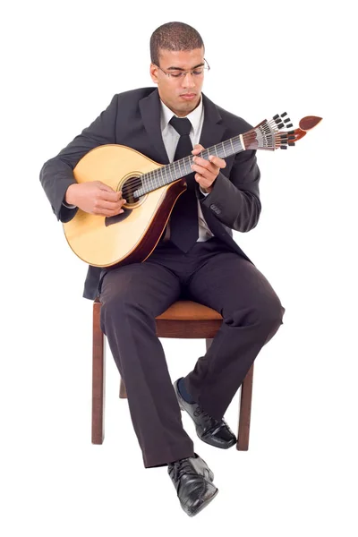 Homem Tocando Uma Guitarra Portuguesa Comprimento Total Isolado — Fotografia de Stock