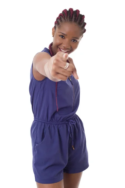 Ragazza Africana Indicando Isolato Sfondo Bianco — Foto Stock