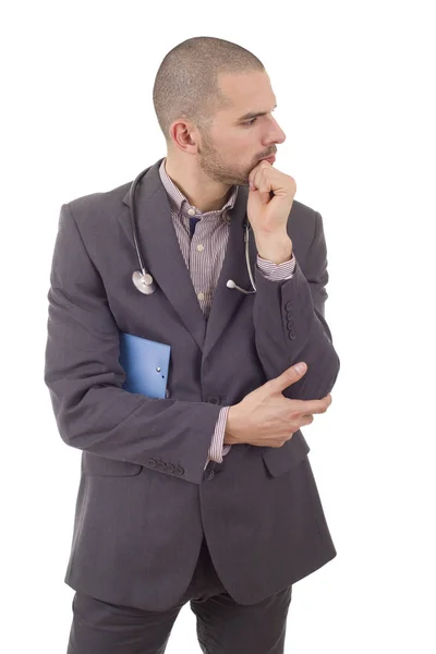 Macho Médico Pensando Com Suas Notas Isolado Sobre Fundo Branco — Fotografia de Stock