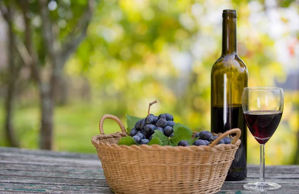 Botella y uvas en mesa de madera al aire libre —  Fotos de Stock