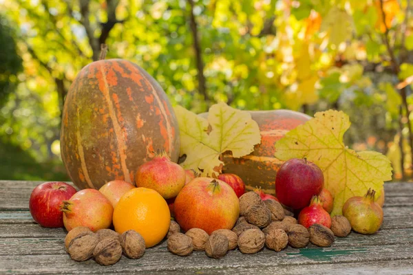 autumn fruits set on a wooden table