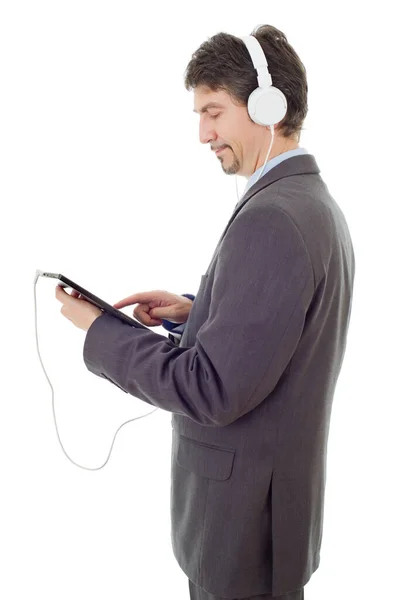 Hombre Negocios Con Tablet Auriculares Aislado — Foto de Stock