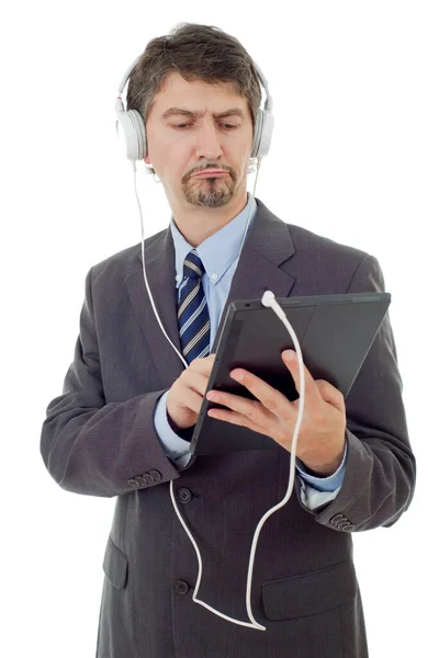 Businessman Tablet Headphones Isolated — Stock Photo, Image