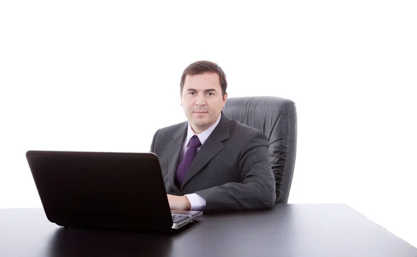 Hombre Negocios Que Trabaja Con Portátil Aislado Blanco — Foto de Stock