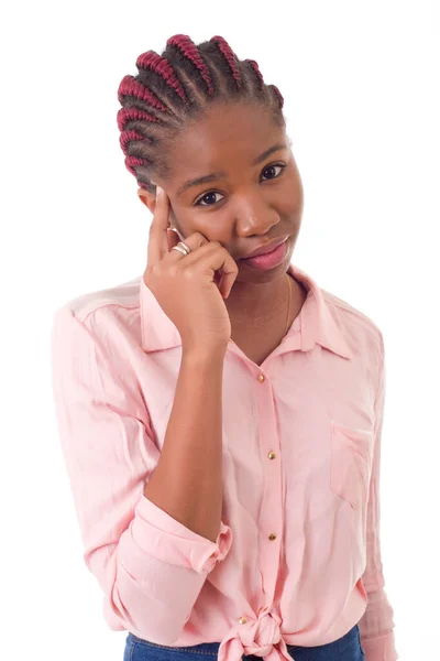 白い背景に隔離された頭痛の種を持つ若いアフリカ人女性 — ストック写真