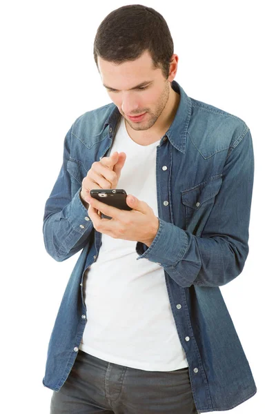 Junger Lässiger Glücklicher Mann Mit Telefon Isoliert — Stockfoto